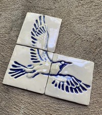 3 Vintage Mexican Ceramic Tiles 3D Textured Flying Bird Mural Art Blue 4