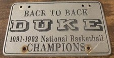 1991 1992 Duke National Basketball Champions Booster License Plate Durham PEWTER picture