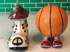 2 Vintage Ceramic Porcelain Piggy Banks: Old Lady Shoe & Footed Basketball  picture