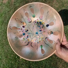 RARE Vintage 1940's PEACOCK Thumb Print Enamel Cloisonné Copper bowl ❤️sj11h5s picture