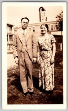Vtg B&W Snapshot Couple Ray Davis & Mary Man In Suit Woman In Floral Dress 1930s picture