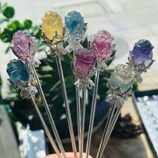 5pc Natural fluorite carved rose hairpin quartz crystal reiki healing random picture