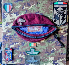 Italian Army Maroon Military Beret Hat with 1° Tuscania Patches & Badges picture