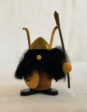 Viking vintage wood & brass warrior figurine with shield, spear & horned helmet picture