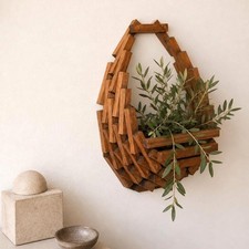 Vintage MCM Brutalist Wood Wall Basket Geometric Organic Modern Planter 70s Boho picture