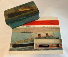 Vintage RMS Queen Mary Cunard Souvenir Lot Booklet Toffee Tin Pencil Set picture