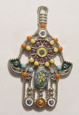 vintage 60 mm Judaica hand of Miriam Hamsa colorful religious pendant 55124 picture