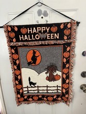 MWW 1991 Happy Halloween Vintage Tapestry Hanger -Witch Cat 23” X 30” picture
