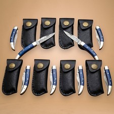 8pc Damascus Pocket Knife Set Blue Bone EDC Folding Knife Lot w/Leather Sheaths picture