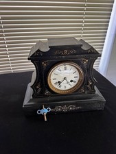 Antique 1880s JE Caldwell Philadelphia Black Slate Marble Mantel Clock Gold Key picture