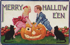 Antique Postcard Merry Halloween Sailor Boy Girl JOL Cat Internat'l Art Pub 1908 picture