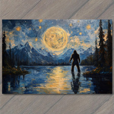 POSTCARD Bigfoot Under Starry Sky Majestic Night Scene Lake Forest Mountains picture