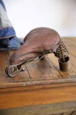 Antique Wood Rim Bicycle Leather Seat Saddle Prewar Mesinger Long Spring Vintage picture