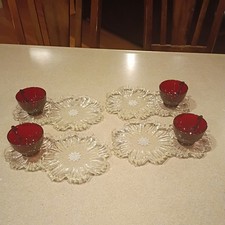 4 VTG Cosmos Colony Garden Club Clear Glass Snack Sets - Floral Theme picture