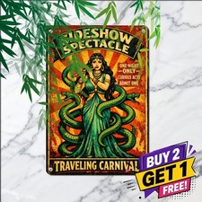 Circus Sideshow Snake Charmer Woman Sign Vintage Metal Tin Plaque 8x12 picture