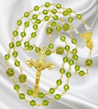 Handmade Unbreakable Catholic Rosary, Peridot Czech Crystals, Sunburst Crucifix picture