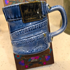 Vtg 1980 Blue Jean Denim Ceramic Mug FHA HERO School Club Custom Signed Retro... picture