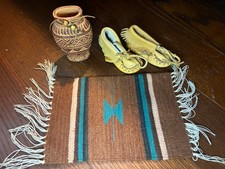 Native American Indian Lot of 3 Items- Cherokee Pot, Baby Moccasins, Blanket picture