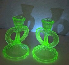 Antique Bagley Uranium Art Deco Loop-Handle Candlesticks  Circa 1920  Rare UK picture