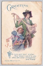Victorian Couple Mandolin Greeting Postcard picture