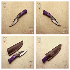 Handmade Damascus Steel Skinner Knife Purple Wood Handle Leather Sheath picture