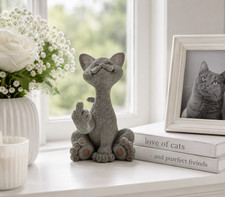 Hilarious Catitude Grey Cat Figurine Middle Finger Statue Cat Lover Gift picture