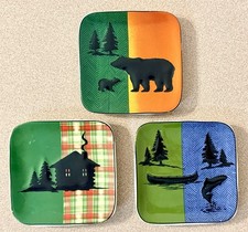 MWW Market Rustic Lodge Square Mini Plates Coasters Set of 3 Bear Cabin Canoe picture