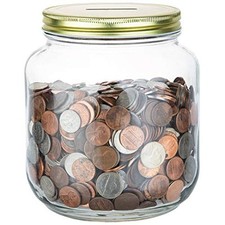 Large Coin Bank Jar with Slotted Gold Lid Holds Over $1,450 in Coins- Used for picture