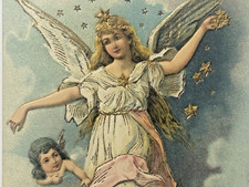 Christmas Postcard Angel Children Stars in Hand Cherub White Doves Pink Sash picture