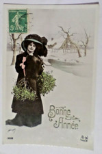 Postcard CPA France Happy New Year Woman Bouquet Guy Traveled Old Card (1008) picture