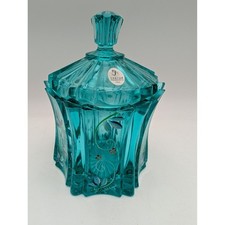 Fenton Art Glass Aqua Vulkan Lidded Candy Jar Hand Painted Floral D Cutshaw USA picture
