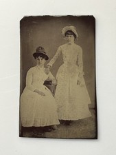 Antique 1800s Tintype Photo Two Victorian Women Bonnets Full Length Portrait picture