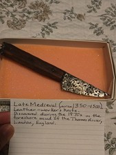 Late Medieval English  Leather Workers Knife w/ Wooden Handle - 1350 To 1500 picture