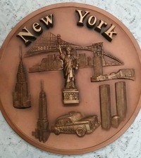 VTG New York Skyline Souvenir Wall Art Plate 3-D w/Twin Towers picture
