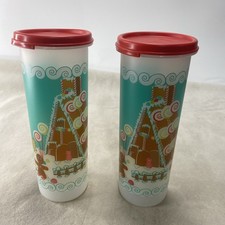 2 Christmas Tupperware 30 fl.oz 890 ml Container 1643 D-3 w/ 1607 H6 Red Lid USA picture