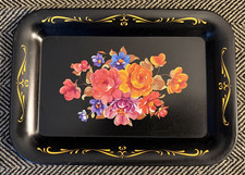 Vintage TOLEWARE Small Metal Tip Tray mini roses floral black cottagecore picture