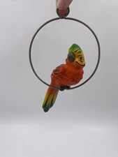 Vtg Hand Painted Ceramic Parrot Figurine Hanging On Metal Ring Folk Art picture