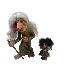 Vintage NyForm Norway Witch Troll Dolls Old Lady W/Walking Stick & Girl W/Skirt picture