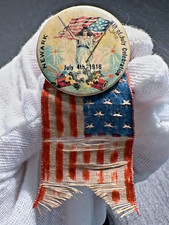 1916 NEWARK NEW JERSEY 4TH OF JULY CELEBRATION CELLULOID PIN & FLAG RIBBON H131 picture