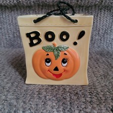 Vintage Lefton Halloween Trick or Treat Bag Ceramic Pumpkin BOO  1986 picture