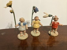 Vintage German ERZGEBIRGE WENDT KUHN (?) Miniature Wood Girls w Flowers Stamped picture