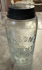 Antique Blue Glass Jar Mason’s Pat Nov 30 1858 Qt 11 With Porcelain Lined Lid picture