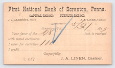 1875 First National Bank Postal Card Scranton PA JJ Albright J.A. Linen Banking picture