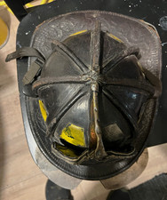 Leather Firefighting Helmet w/ Front Shield TRUCK 1 ENGINEER Black Yellow picture