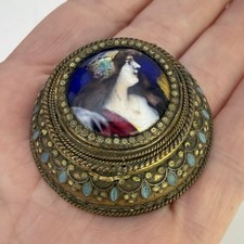 Antique Portrait Trinket Box Painted Enamel Bronze Gilt Victorian Pill Box picture