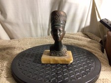 Vtg Bronze/Brass Egyptian Queen Head On Marble Bust 5 3/4