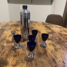 Vintage Chase Blue Doric Art Deco Cocktail Shaker Set Cobalt Glasses Jigger picture