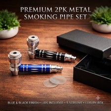 Premium Metal Smoking Pipe Set - 2 Pack Blue & Black Finish Pipes w/Lids Screens picture