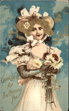 New Year's Woman Holding Flowers c1900s-10s Vintage Postcard picture