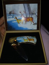 Gold Tone Lockback Folding Pocketknife Deer Scene Metal Handle w/ Display Box picture